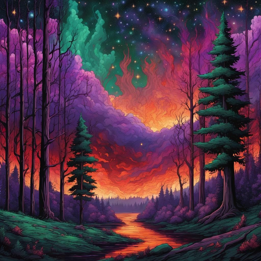 Forest Fire Under Starry Sky in Gothic Comic Style
