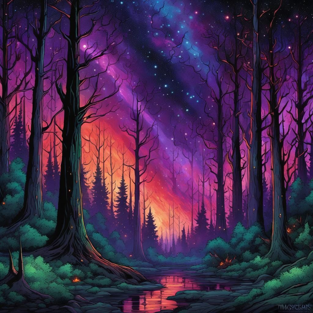 Forest Fire Under Starry Sky in Cel-Shaded Style