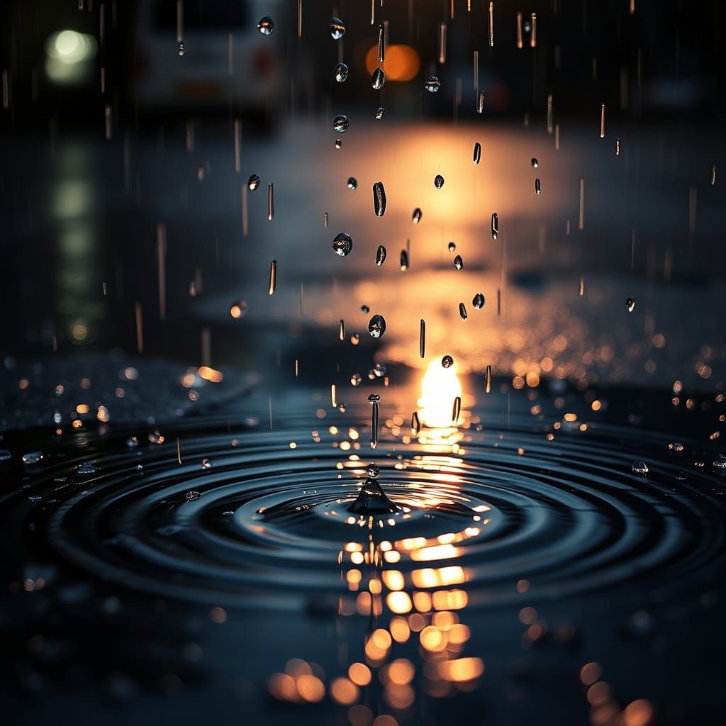 Dramatic Close-Up of Raindrops on a Puddle in a Cinematic St...