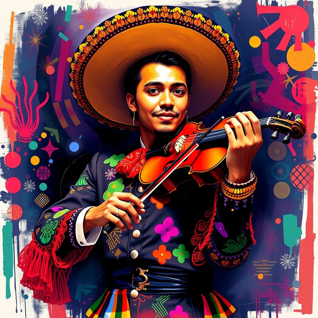 Latin Violinist in Vibrant Mariachi Attire with EDM Lights P...