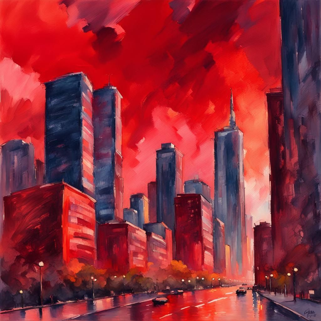 Red Sky Cityscape in Impressionist Gouache Style
