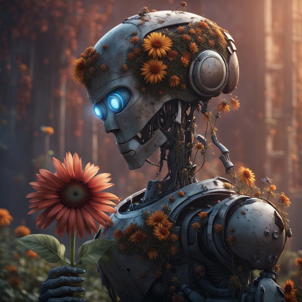 Sad Robot Observes Wilting Flower: Matte Painting