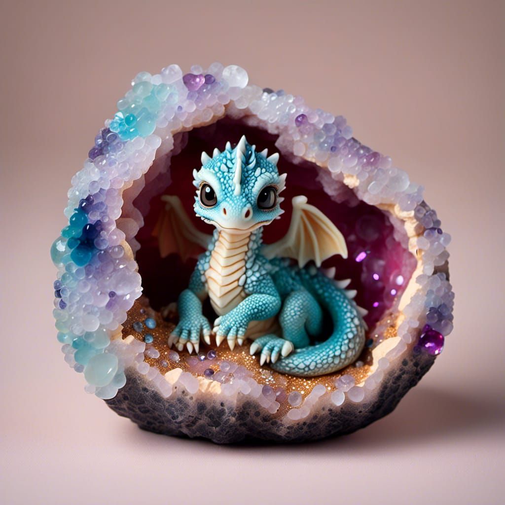 Dragon Hatchling Asleep Inside Crystalline Geode
