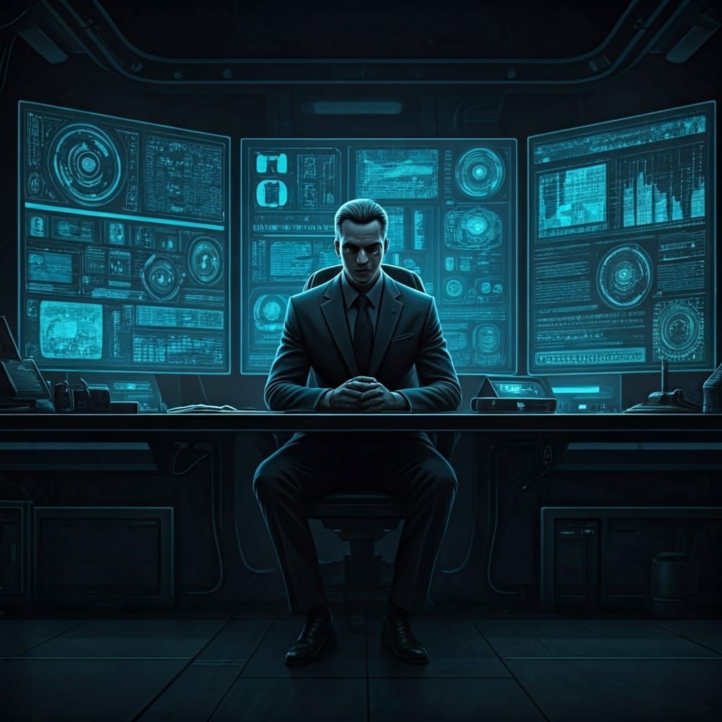 Futuristic Mastermind in a Neon-Lit Lair