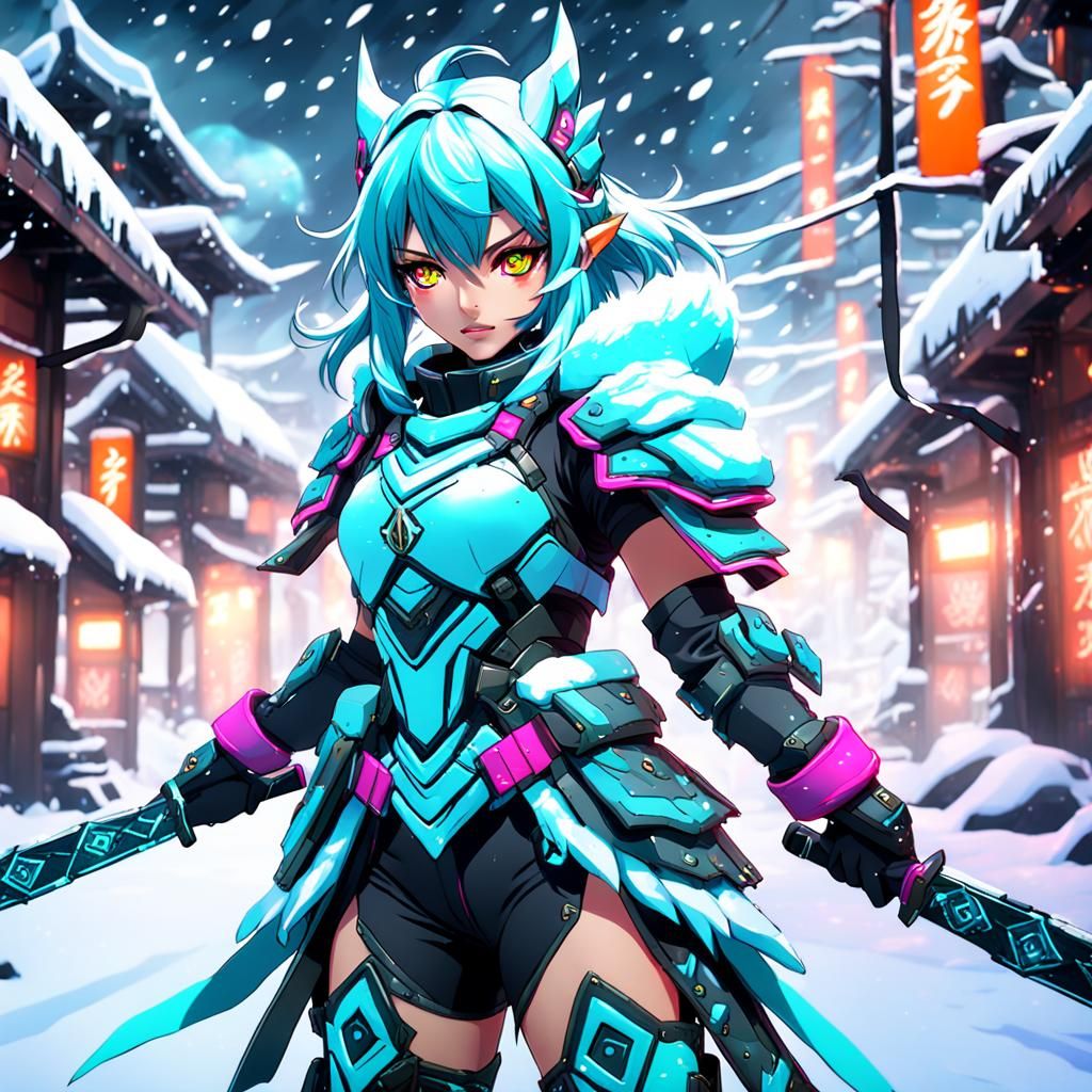 Neon Snow Warrior Anime Girl in Detailed Digital Art