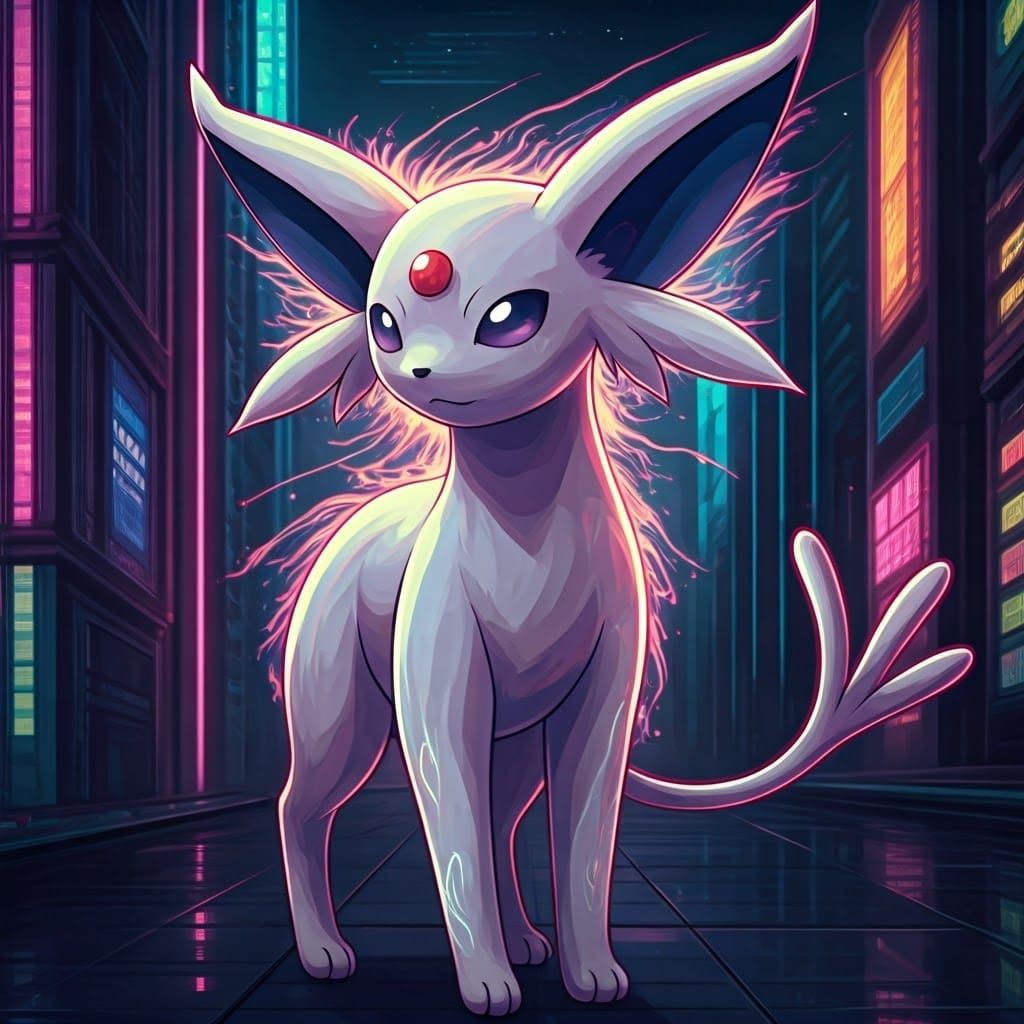 Ethereal Espeon in Cyberpunk Cityscape