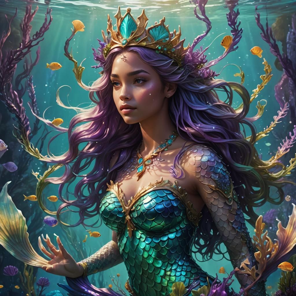 Crowned Mermaid Ascending: Fantasy Art in Turquoise and Purp...