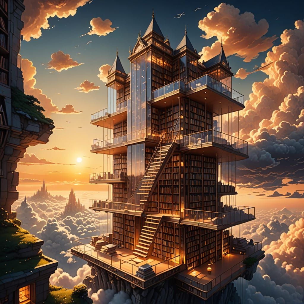 Floating Glass Library Amidst Golden Sunset Sky