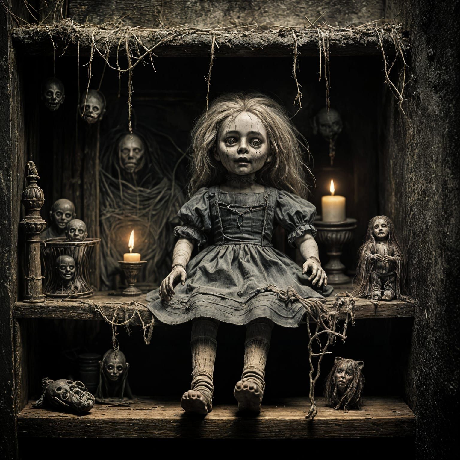 Creepy Cursed Doll in Horror Engraving Style