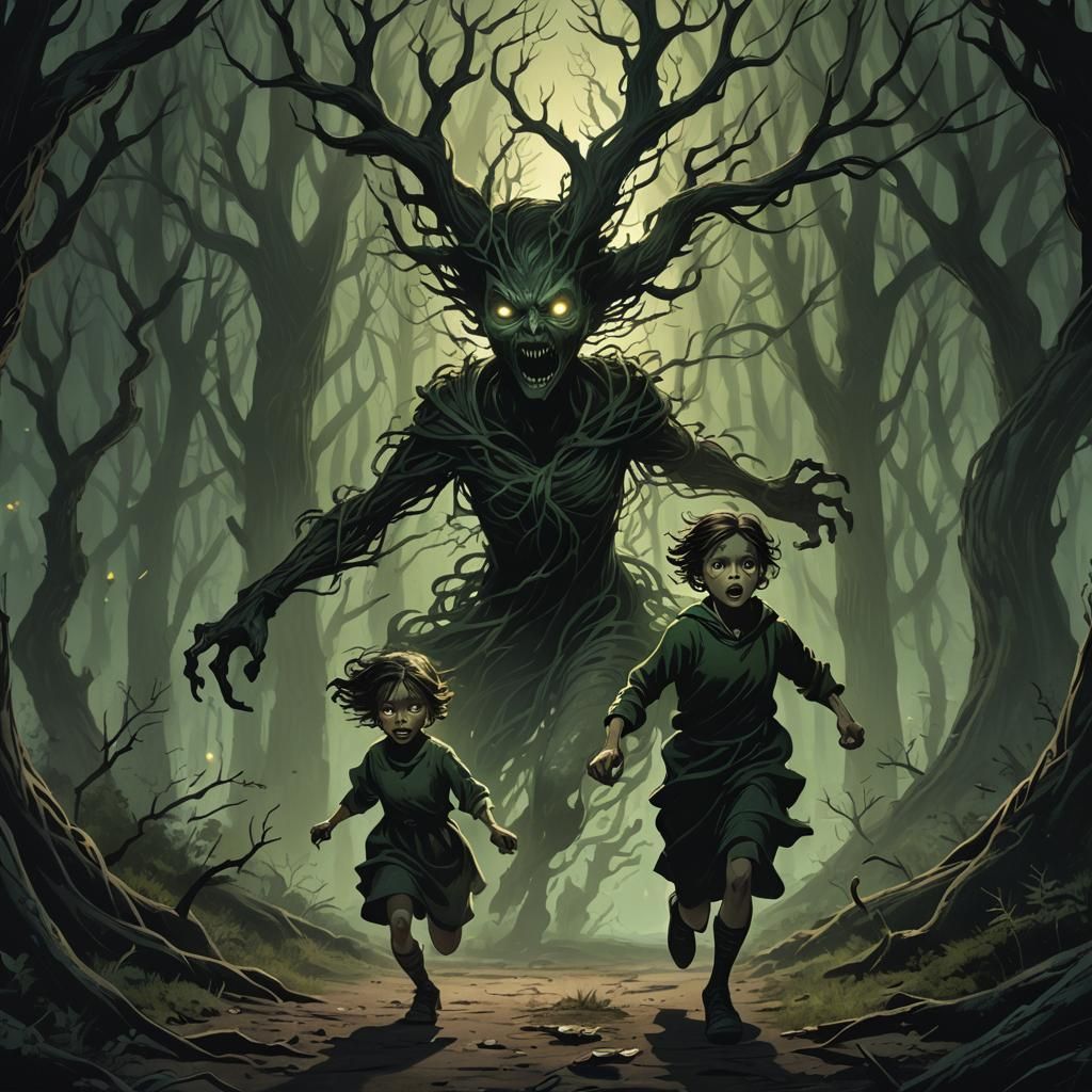 Eerie Forest: Child's Flight in Dark Fantasy Illustration