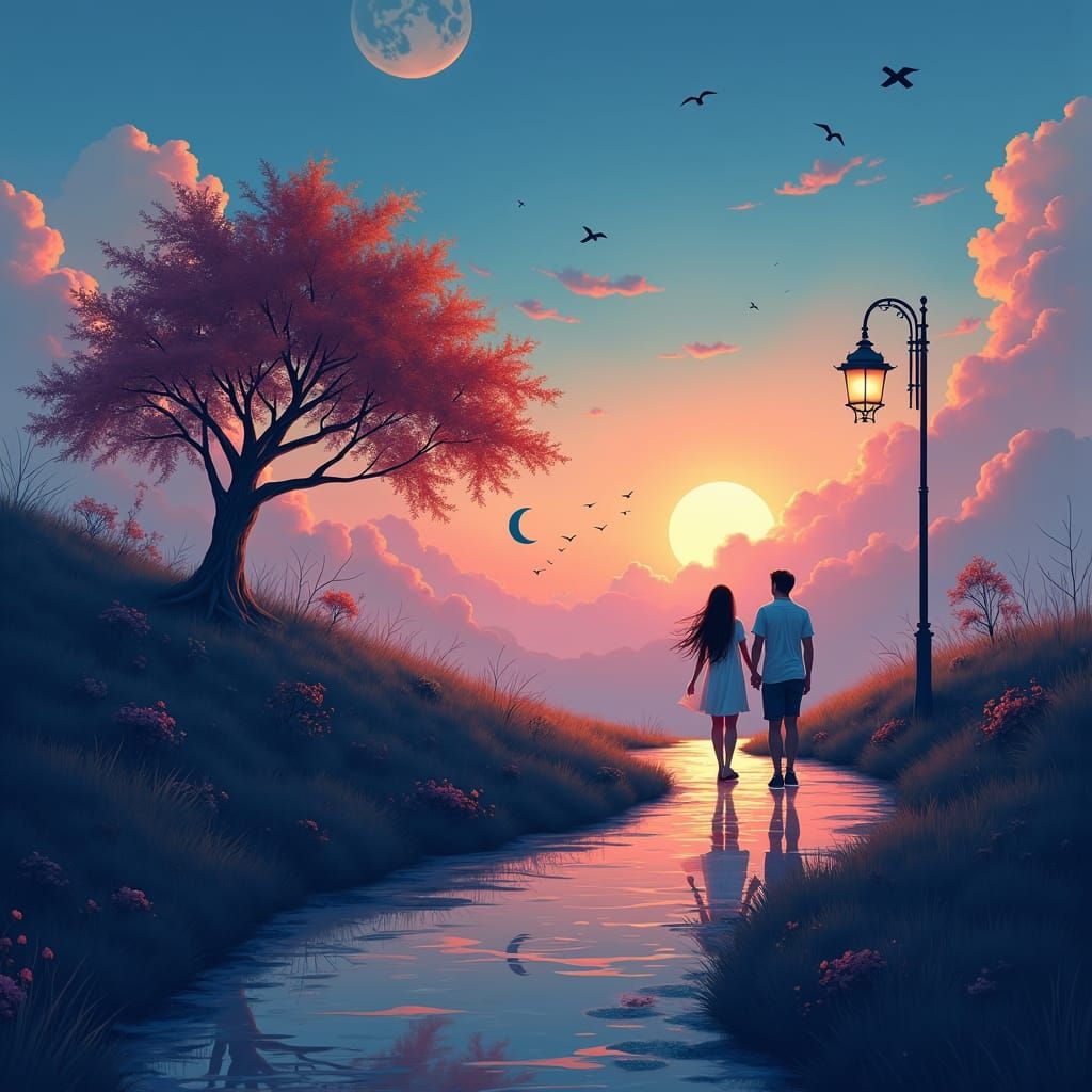 Couple Walking at Dawn: A Matte Painting in 8k