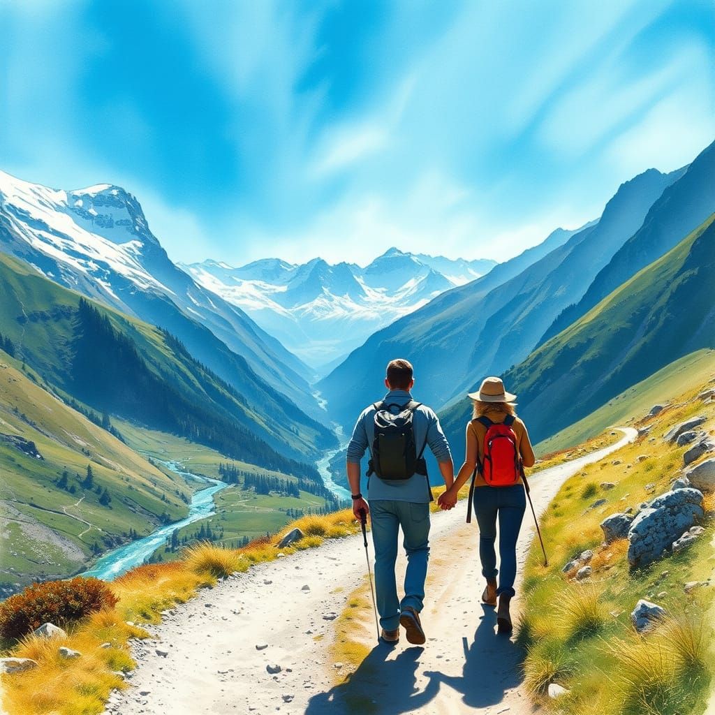 Alpine Hiking Trail Watercolor Painting
