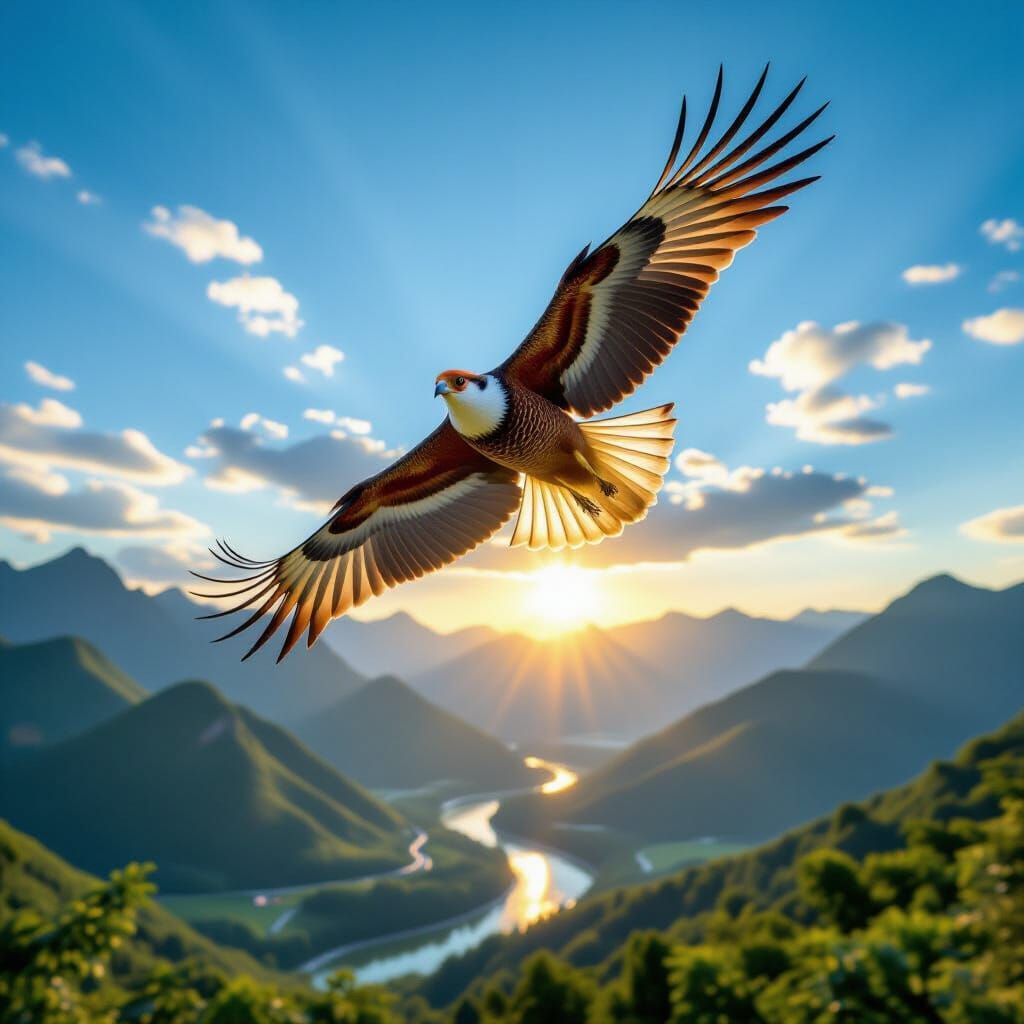 Majestic Bird Flies Over Sunset Mountains in Hyperrealistic ...