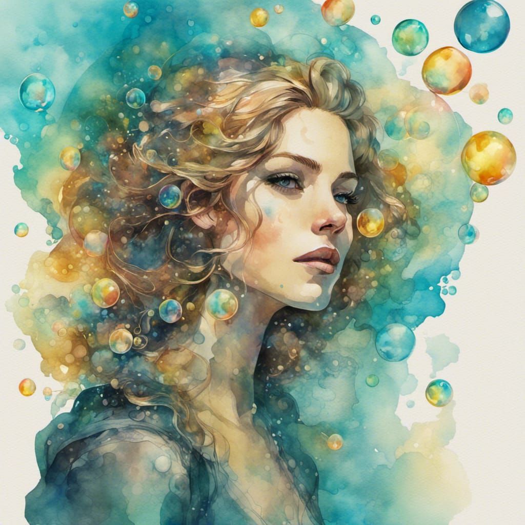 Ethereal Woman in Rainbow Bubble Cloud: Watercolor Steampunk