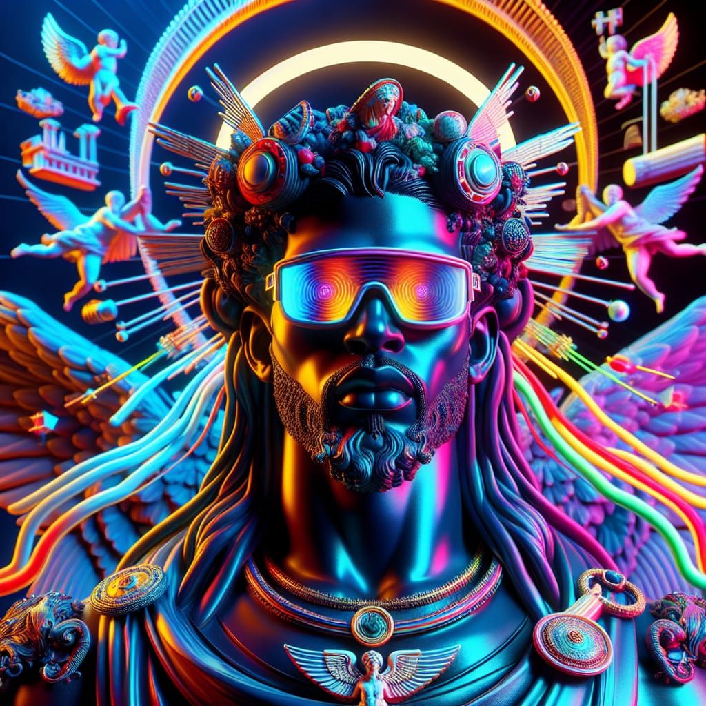 Cyberpunk Religious Figure Statue with Vaporwave Aesthetics