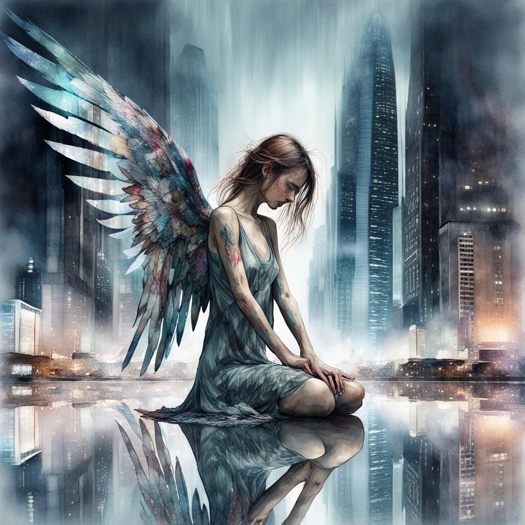 Fallen Angel Grieving in a Futuristic City