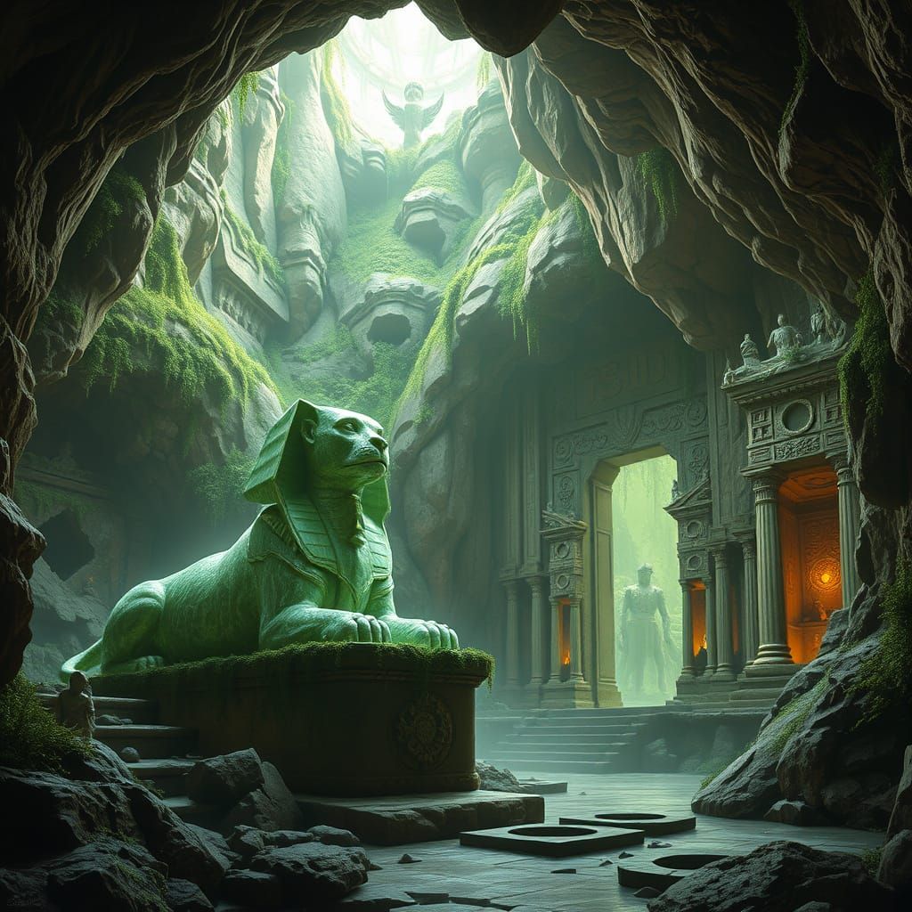 Crystalline Sphinx Guarding Geode Temple: Fantasy Art