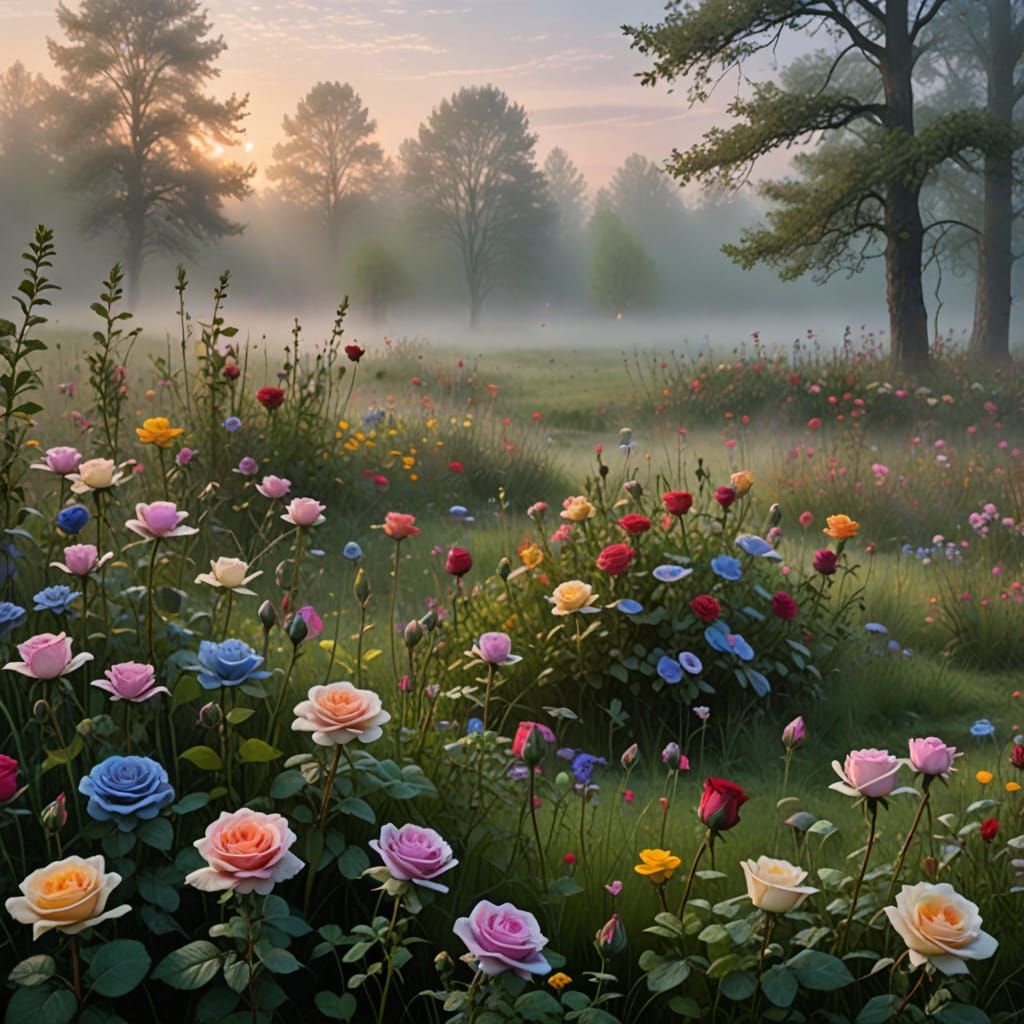 Ethereal Spring Meadow Awakens in Mystical Dawn Fog