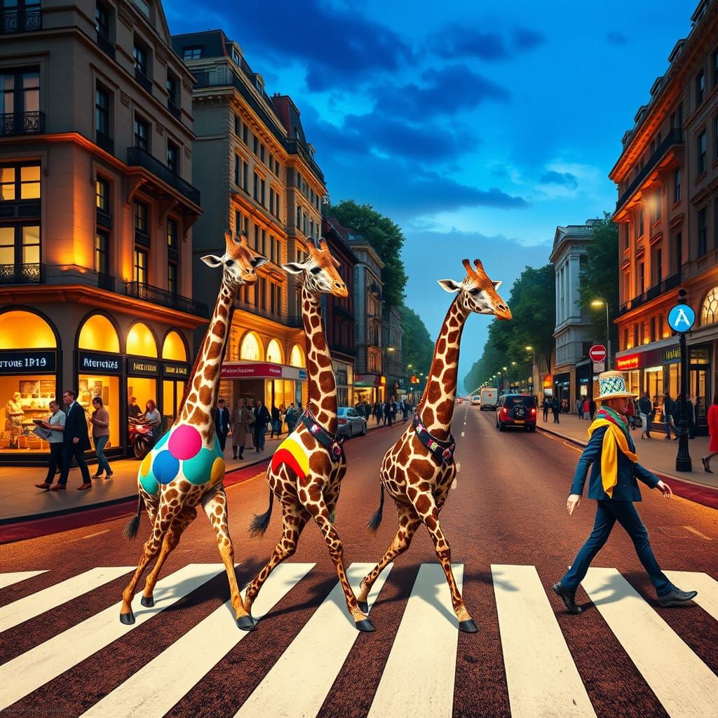 Four Giraffes Cross Abbey Road in Vibrant Beatles-Inspired A...