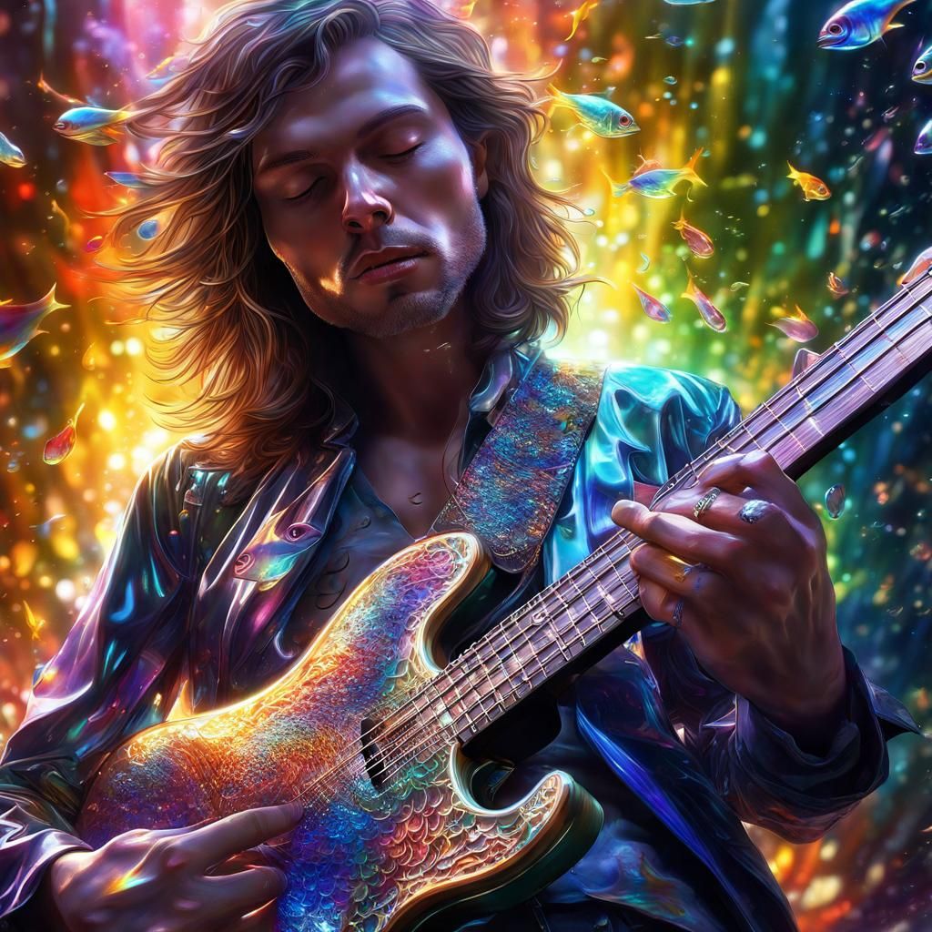 Glistening Guitar Player in Splash Art Style