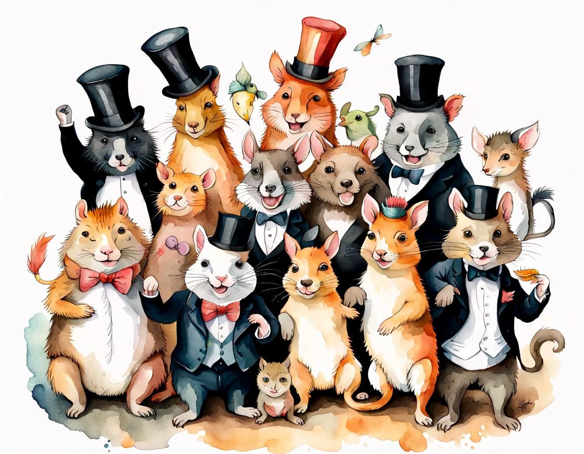 Adorable animals having a fun-filled party. watercolor style by J.J. Grandville, highly detailed line art with watercolo...