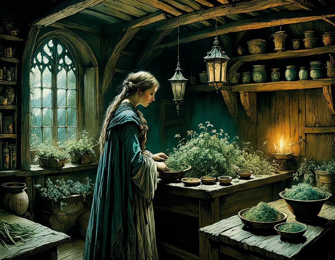 Mysterious Medieval Herb Woman's Home in Deep Color