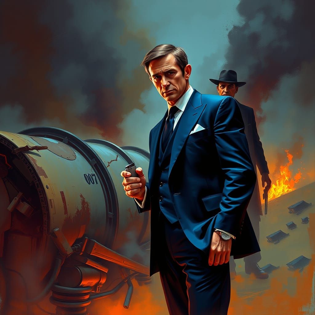 James Bond 007 in Futuristic Ruins with Flames