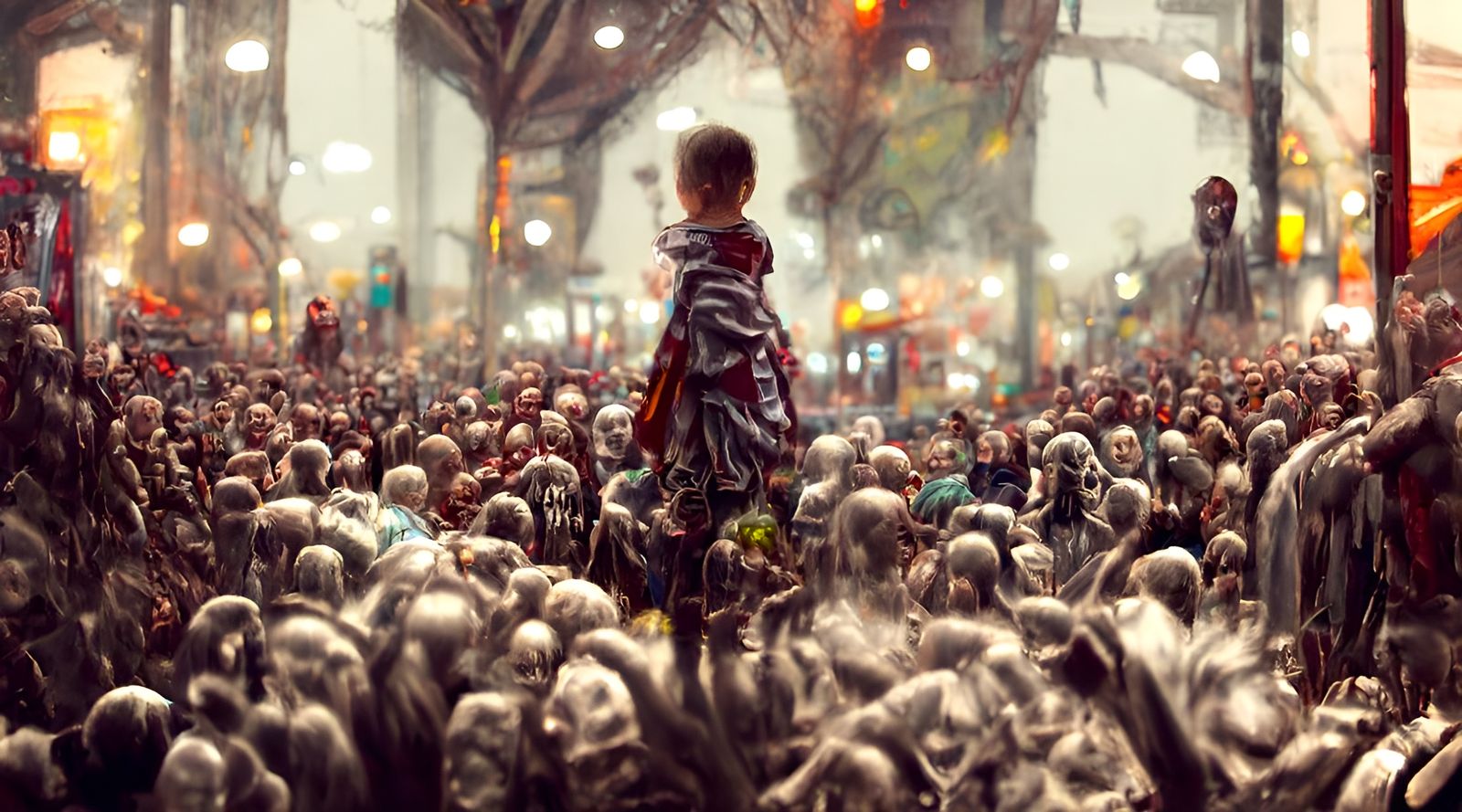 Child Confronts Undead Crowd: Hyperrealistic Digital Art