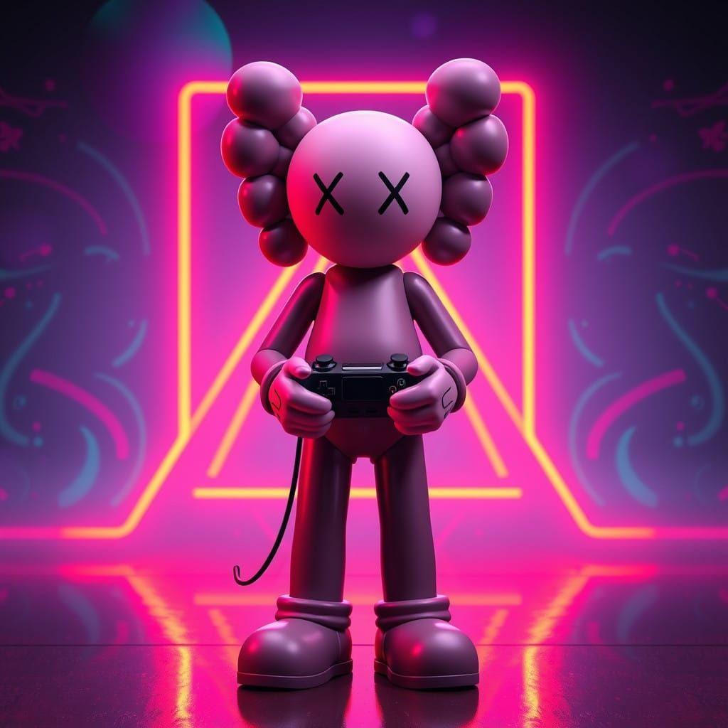 KAWS Figure Posing as a Pro Gamer in Neon-Lit Cyberpunk Scen...