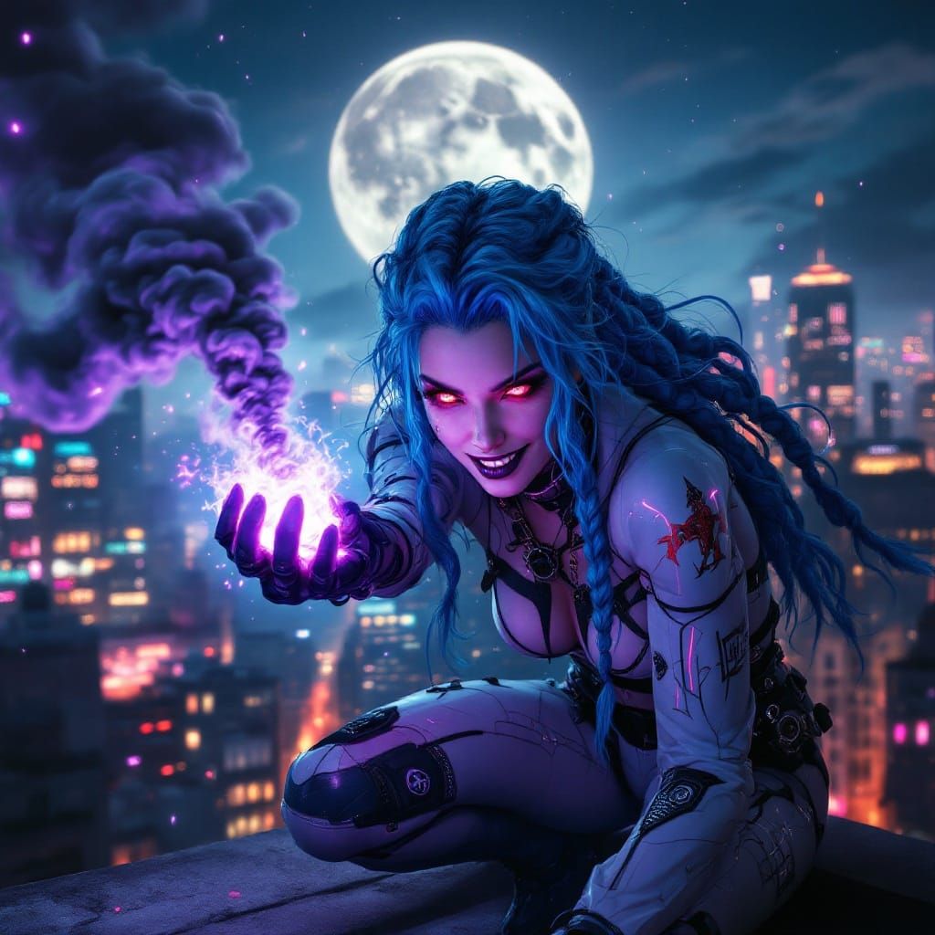 Cyberpunk Goddess Unleashes Mischief Under City Lights