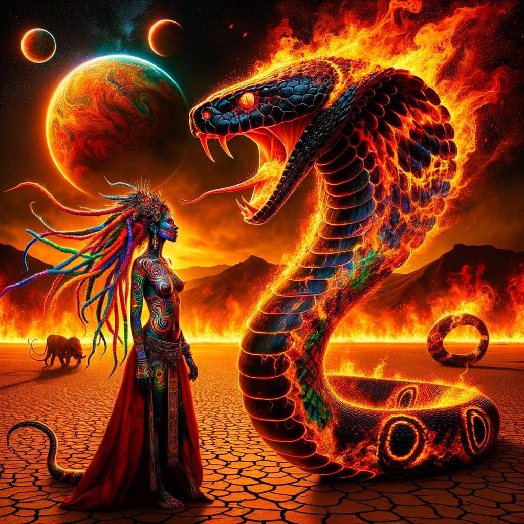 Psychedelic Serpent and Fiery Figures in Desert