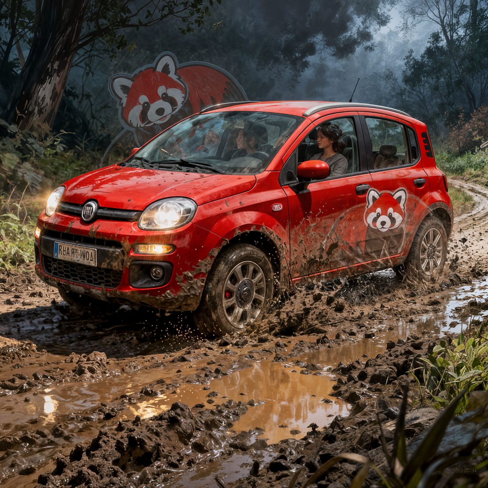 Red Panda Stickers on Muddy Trail