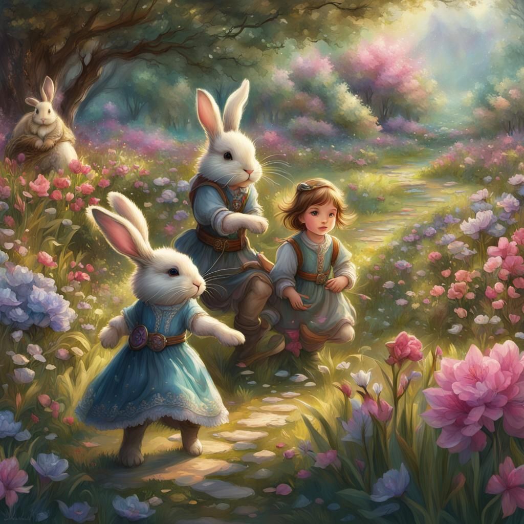 Children Playing with Bunnies in Secret Garden