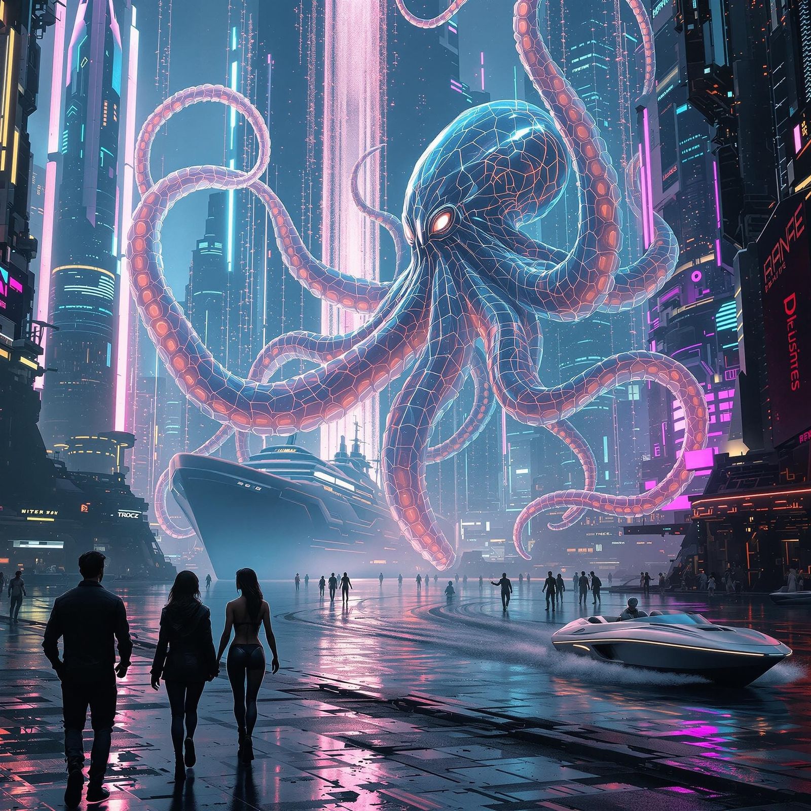 Ghostly Octopus Pirate Dances Through Futuristic Bay