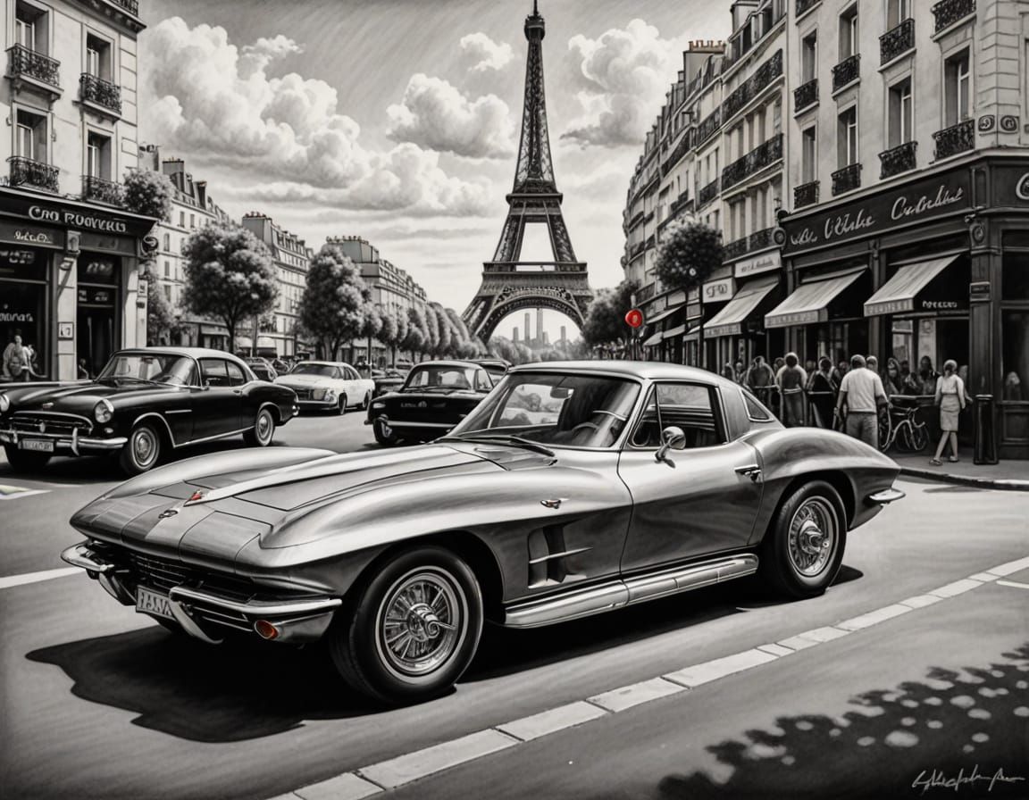 Classic Corvette in Paris: Hyperdetailed Charcoal Drawing