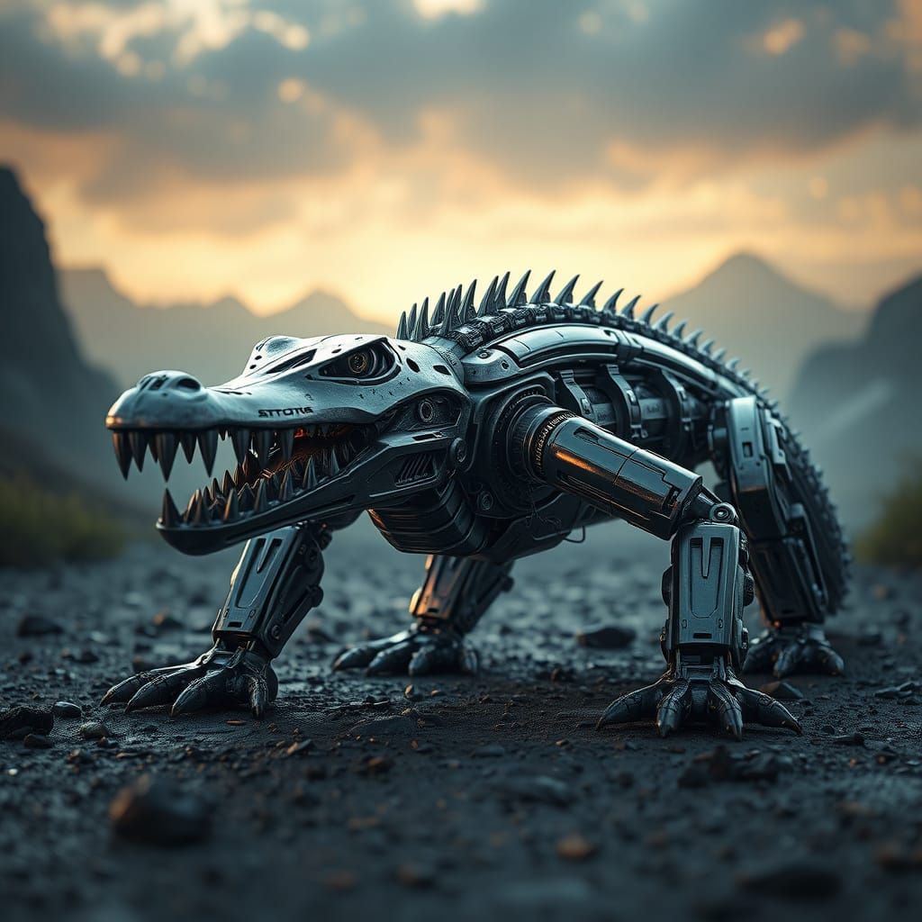 Futuristic Sci-Fi Crocodile Robot in Cyberpunk Style
