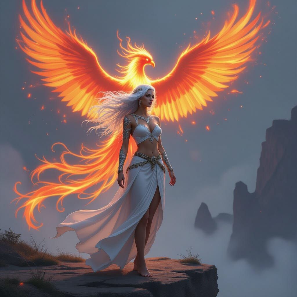 Enchantress and Phoenix Spirit on a Cliff Edge