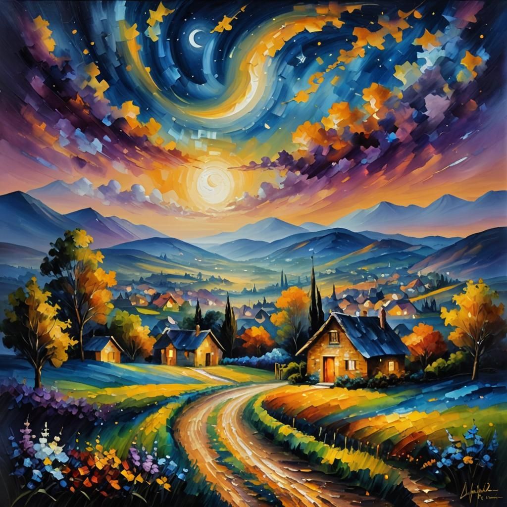 Impressionist Starry Night Landscape with Zaffre Village