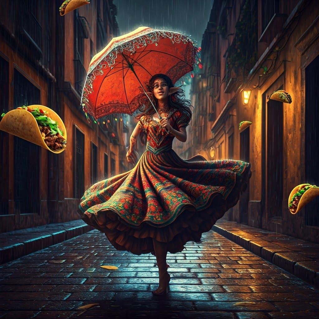 Whimsical Elf Dances in Taco Rainstorm