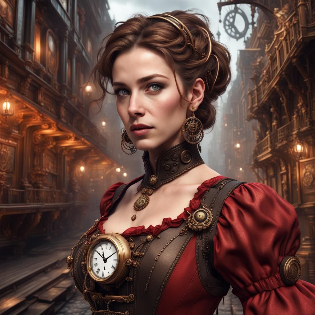 Intricate Steampunk Woman in Red Dress, 8K