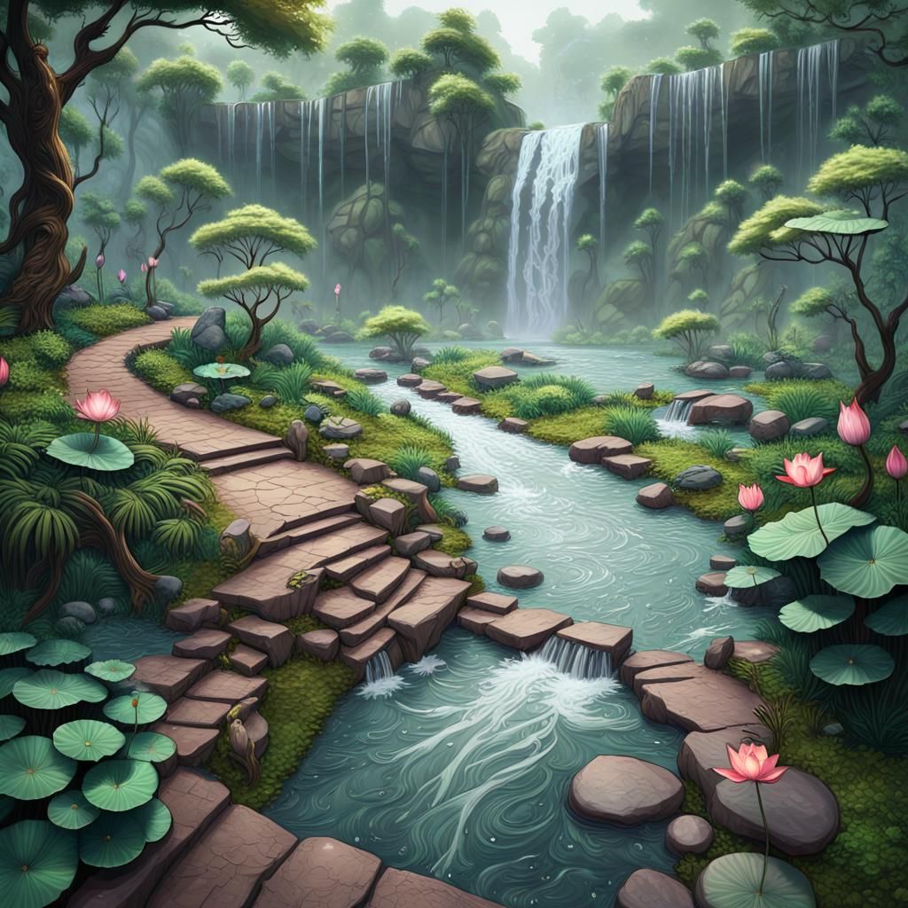 Fantasy Landscape with River, Koi, and Waterfalls