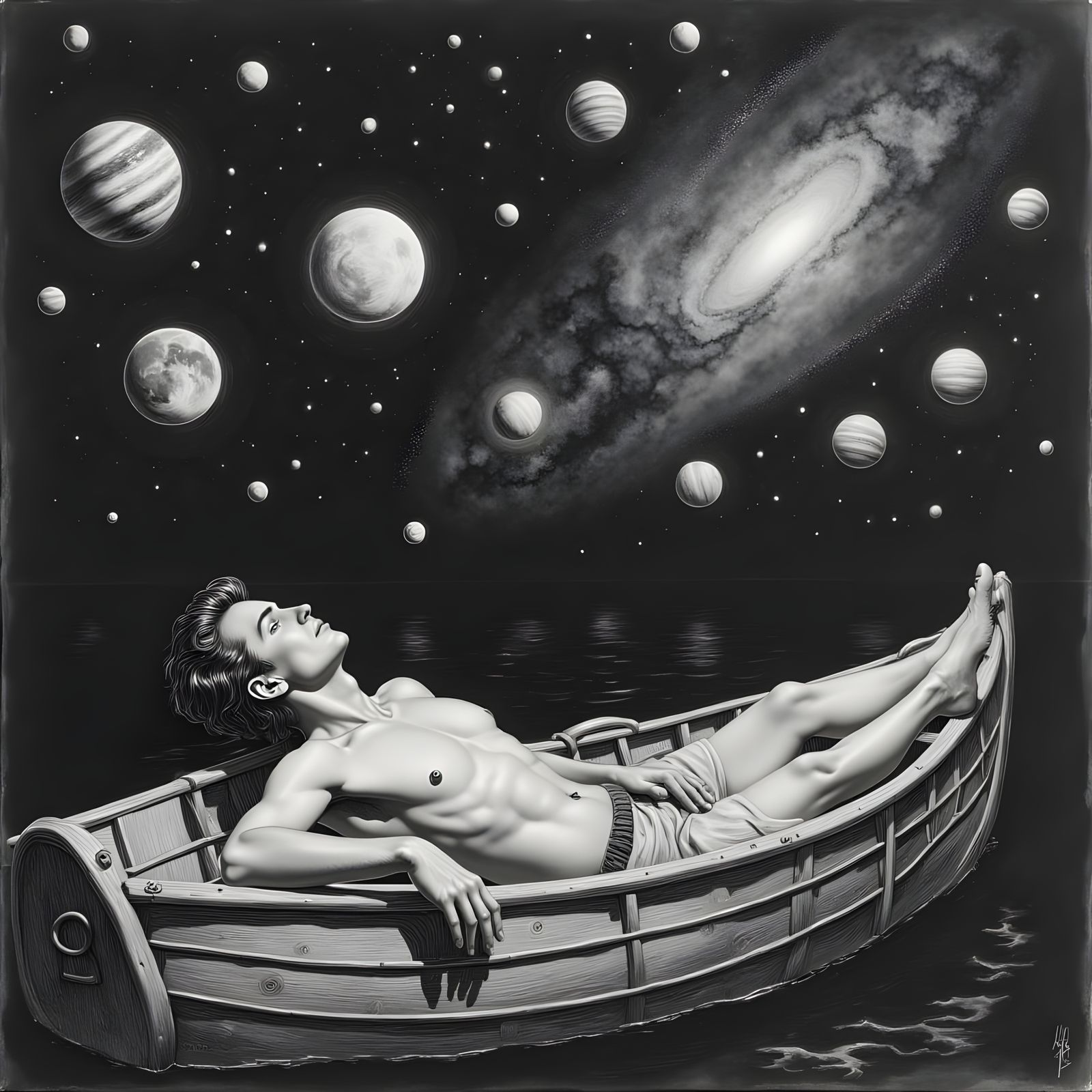 Man Contemplates Cosmic Wonder in Charcoal Pencil Drawing