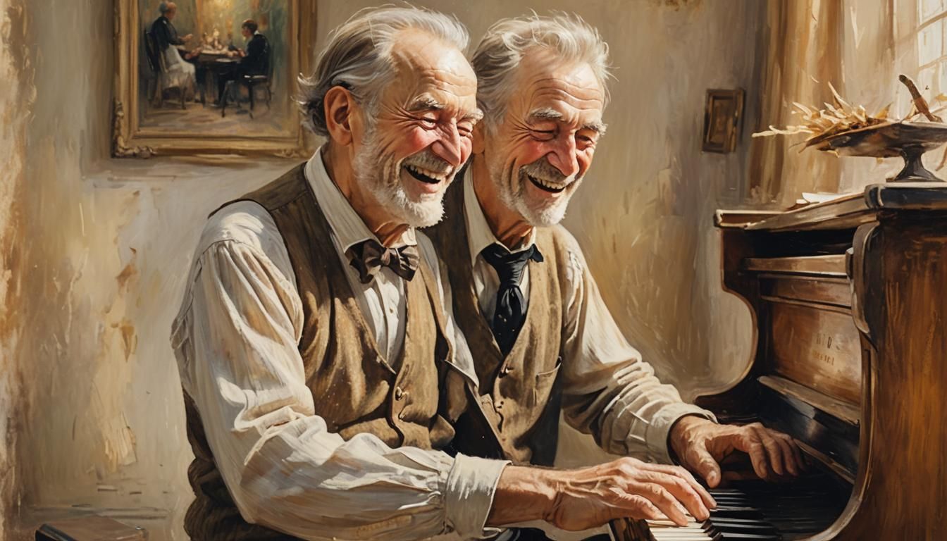 Joyful Old Man Playing Piano: An Impressionistic Oil Paintin...