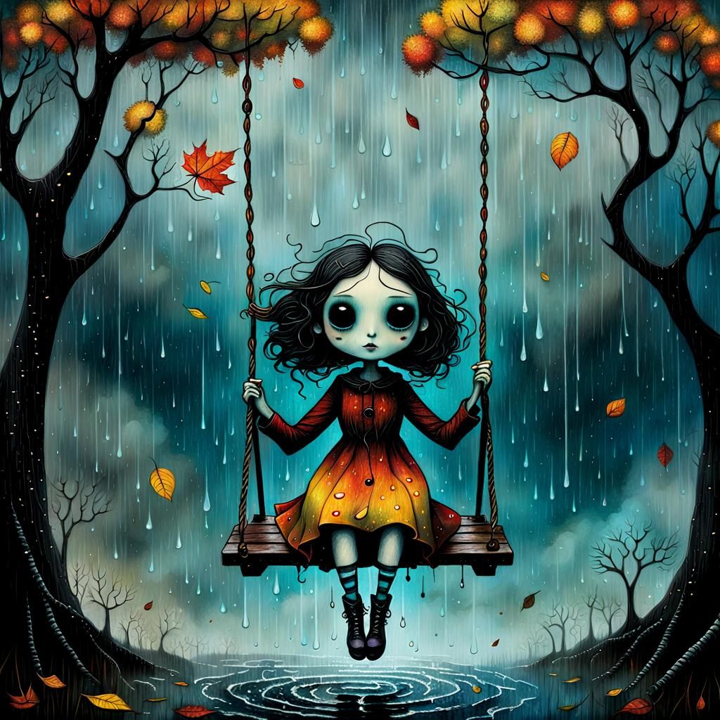 Girl on Swing in Rain: Pop Surrealist Illustration