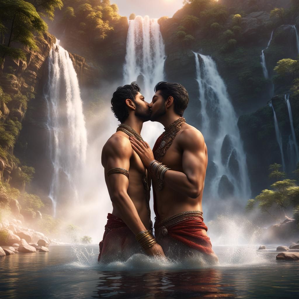 Indian Gay Men Kissing in Waterfall: Fantasy Concept Art