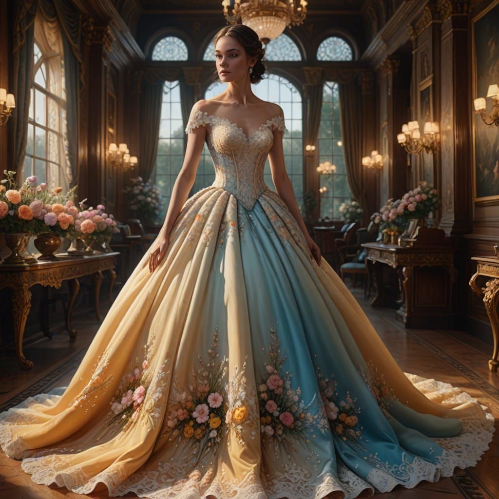 Lady Presents Floor-Length Ball Gown: Digital Painting