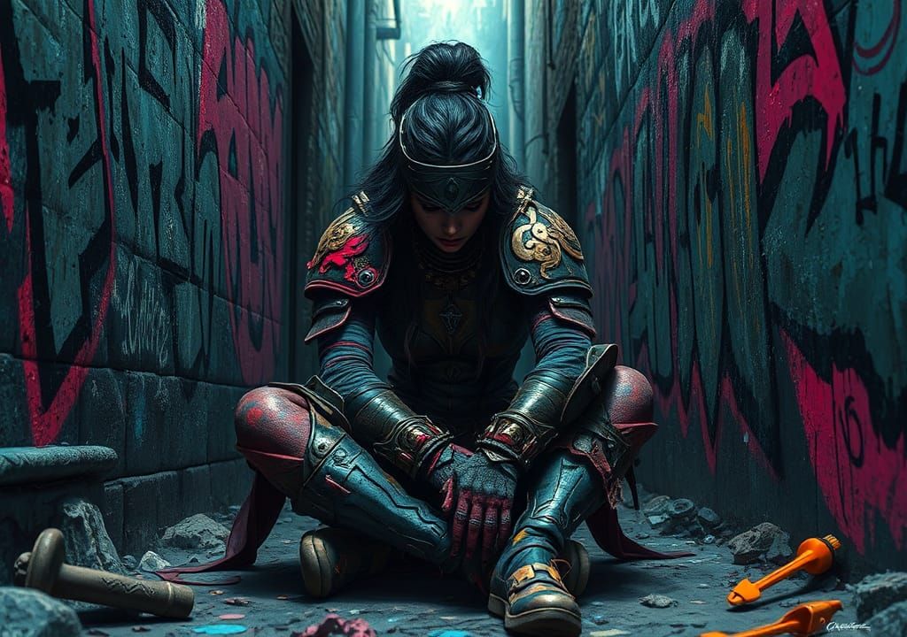 Despairing Warrior Woman in Gritty Urban Alley