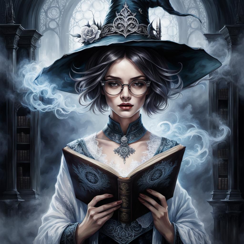 Academic Gothic Witch Reading in Ethereal Library