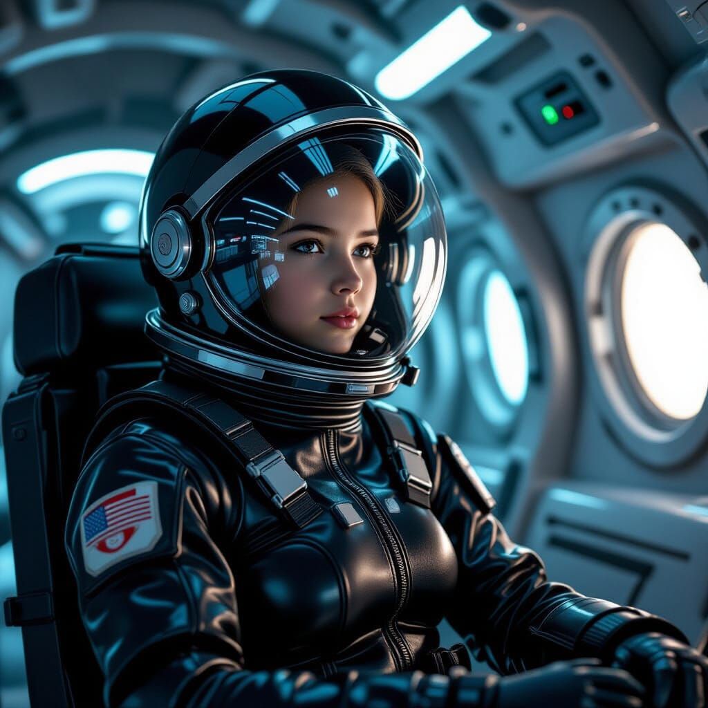 Astronaut Girl in Alien Spaceship with Dramatic Lighting