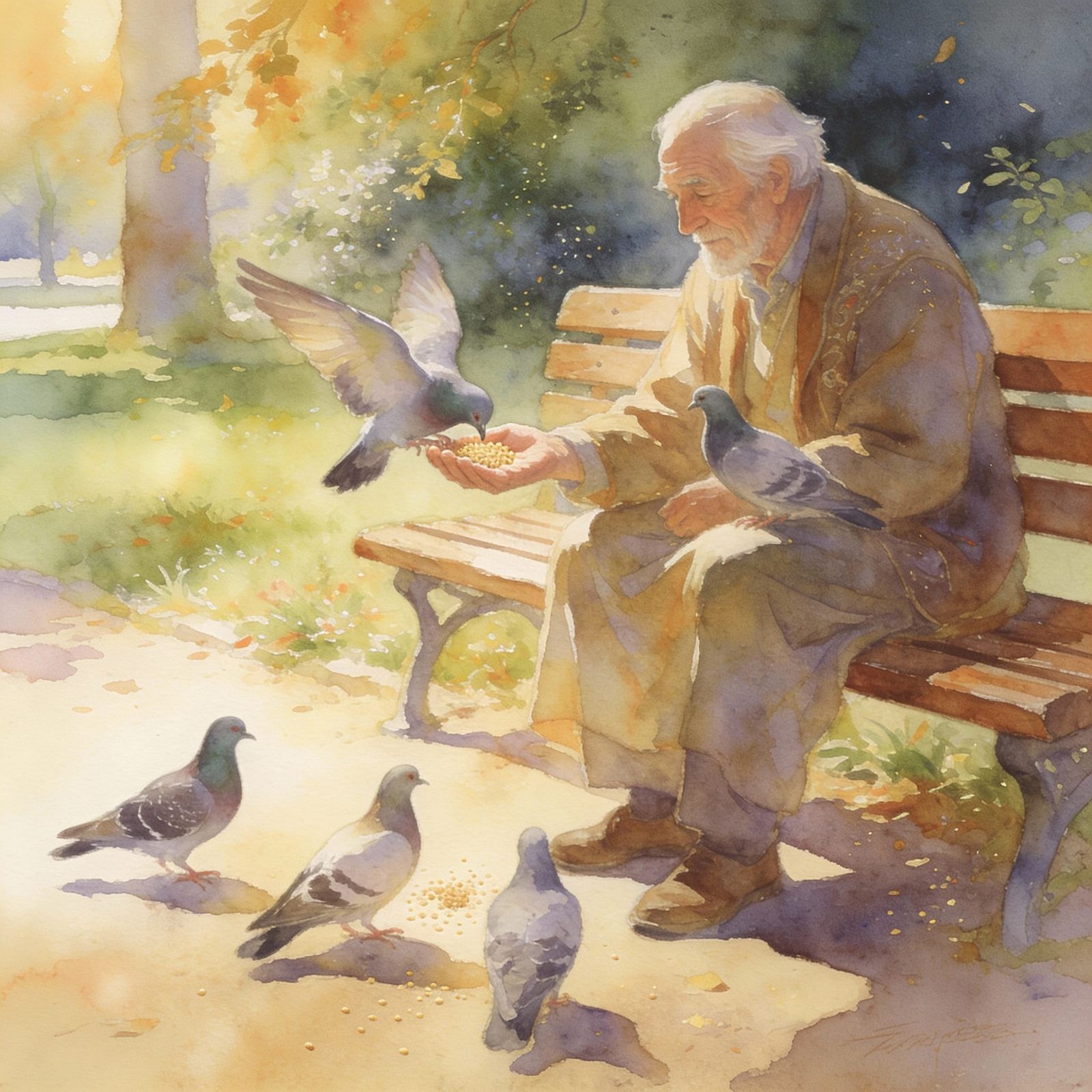 Old Man Feeding Pigeons on Park Bench in Watercolor Style